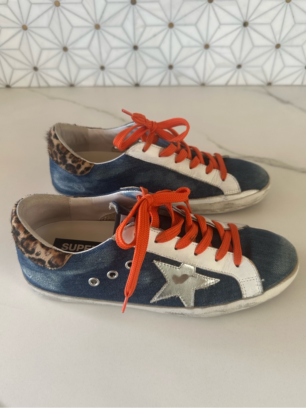 Golden Goose Women’s Superstar, Blue Denim Sneakers w/orange laces, Size 39, EUC
